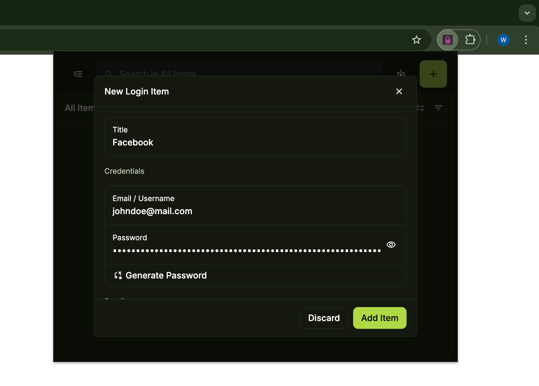 New Login Item form with details filled in and Add Item button